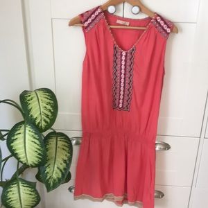 Coral beaded short dress with embroidered hem